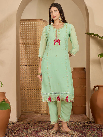 Embroidered V-Neck Kurta & Trousers With Dupatta