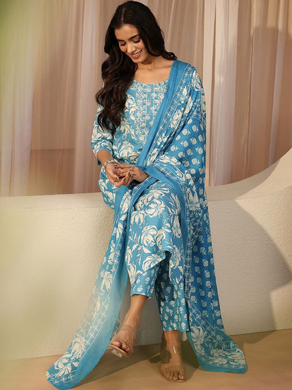 Blue Floral Printed Cotton Straight Suit Set