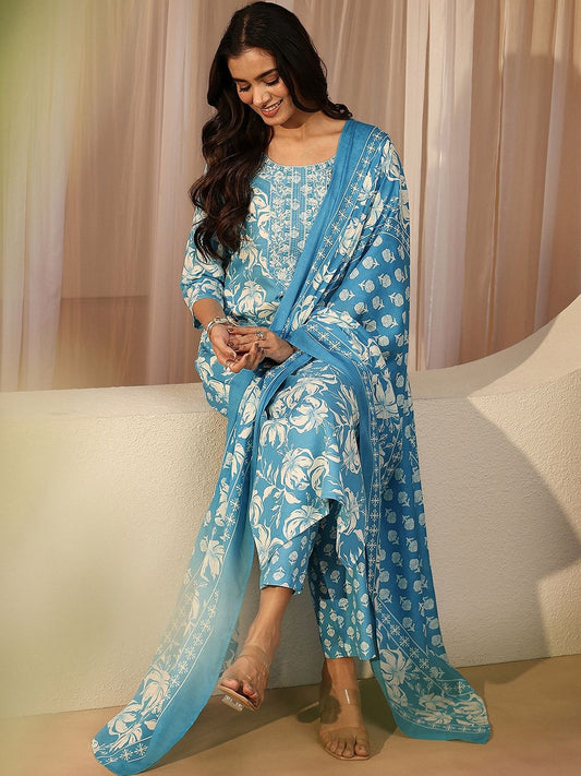 Blue Floral Printed Cotton Straight Suit Set