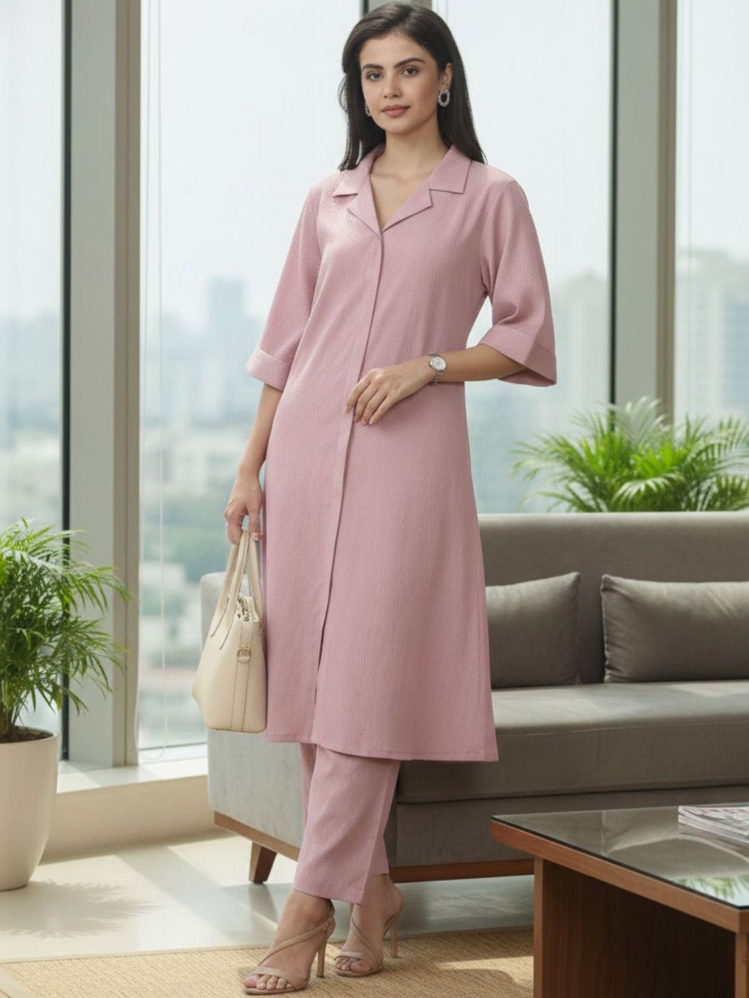 Pink Women Regular Silk Crepe Kurta with Trousers