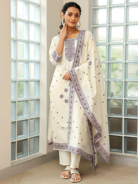 Women's LB Off White Woven Design Chanderi Silk Straight Suit With Dupatta