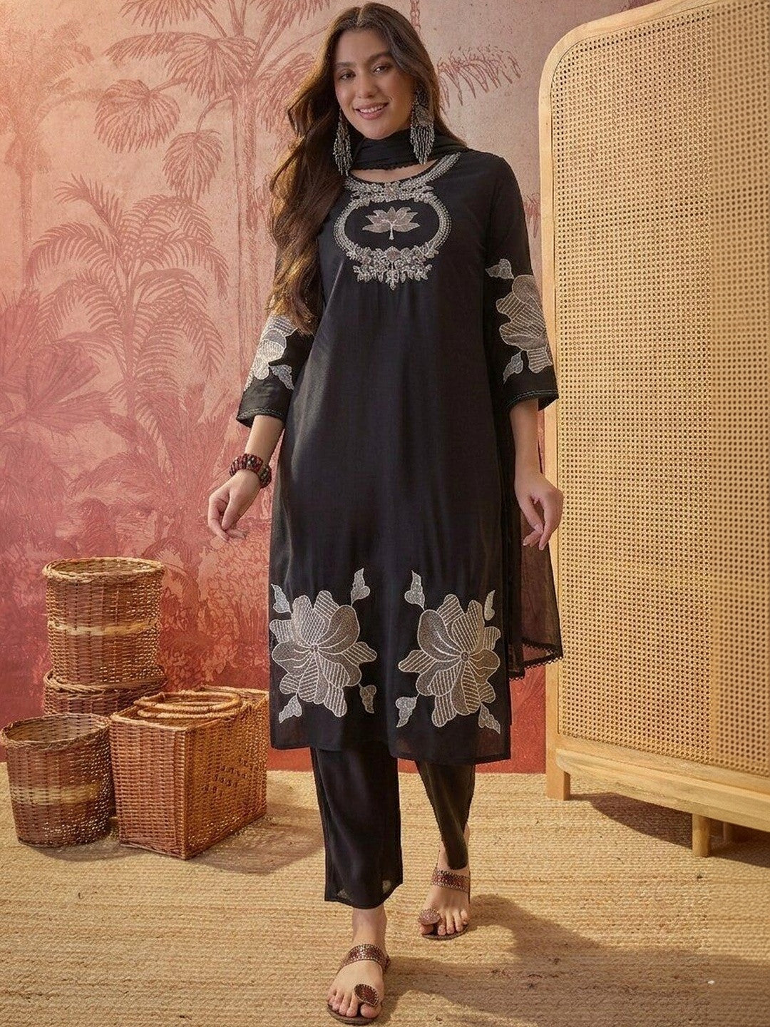 Embroidered Pure Cotton Round Neck Kurta & Trousers With Dupatta