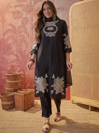 Embroidered Pure Cotton Round Neck Kurta & Trousers With Dupatta