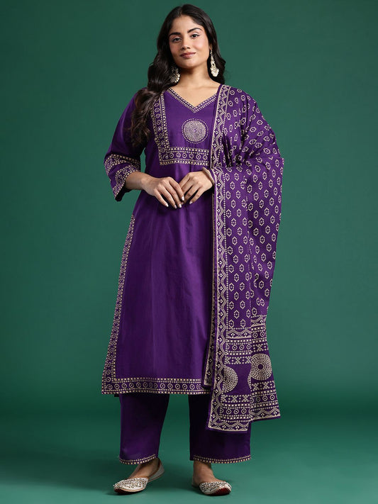 Dhiyona Women's Ethnic Motifs Print Mirror Work Pure Cotton Kurta with Palazzos & Dupatta