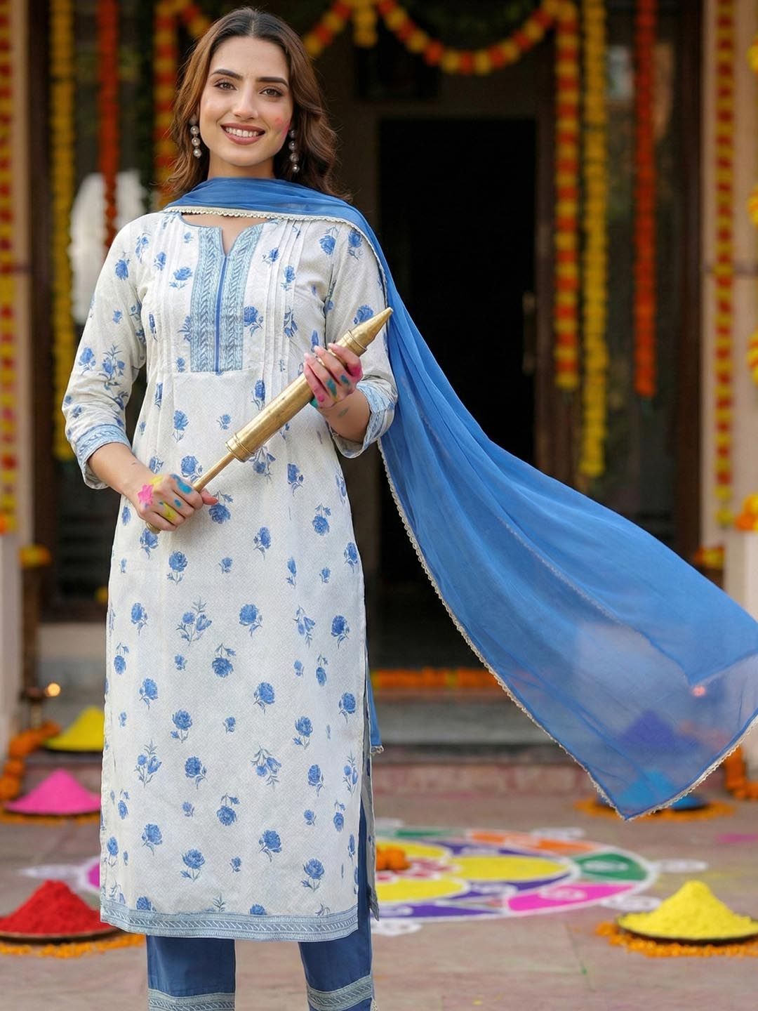 Dhiyona RR Women's Floral Printed Pure Cotton Kurta with Trousers & Dupatta