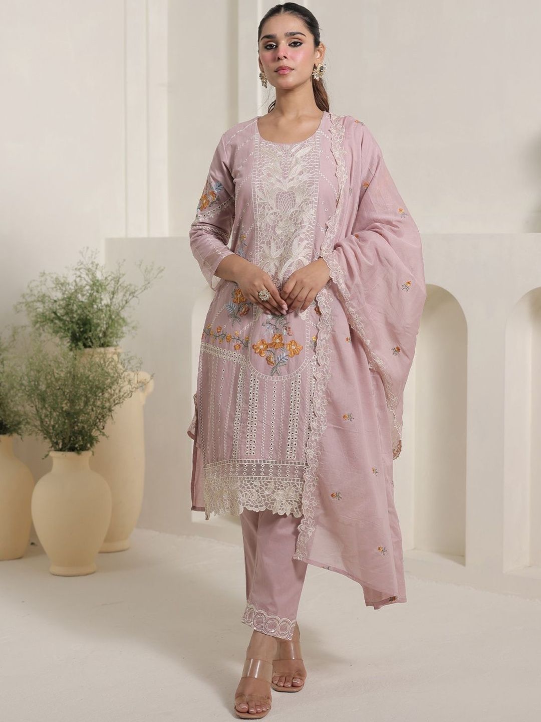 Dhiyona IE Women Floral Embroidered Sequinned Pure Cotton Kurta with Trousers & Dupatta