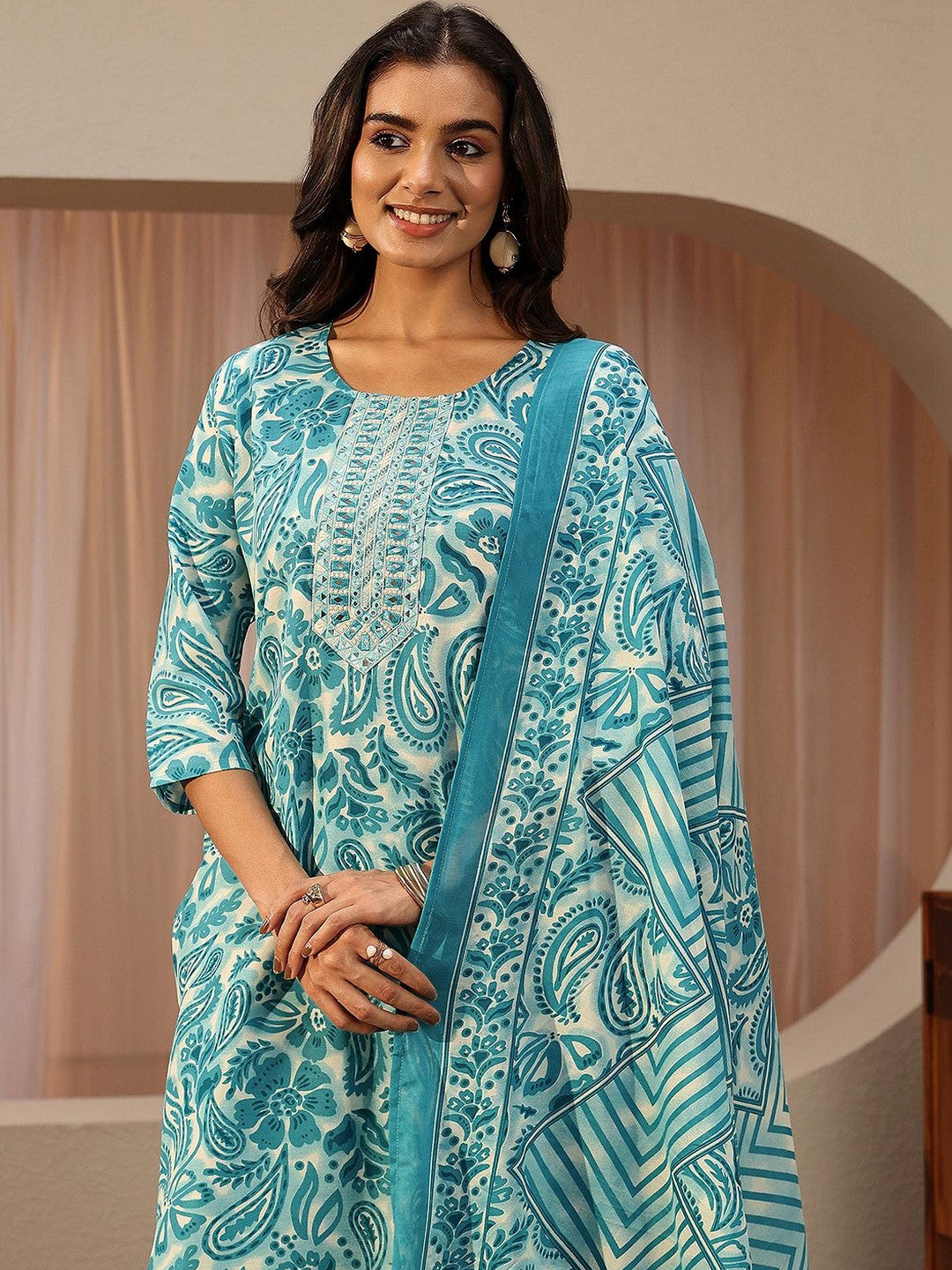Blue Paisley Printed Cotton Straight Suit Set
