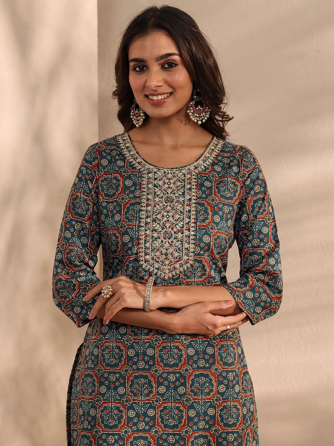 Libas Teal Ajrak Printed Straight Suit Set with Dupatta