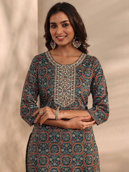 Libas Teal Ajrak Printed Straight Suit Set with Dupatta