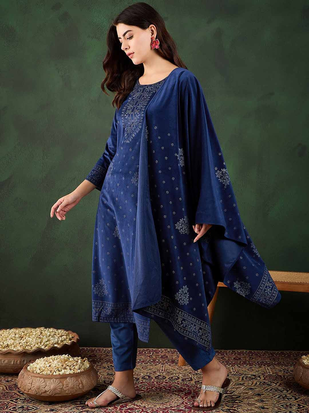 Floral Printed Winter Velvet Straight Kurta & Trouser With Dupatta