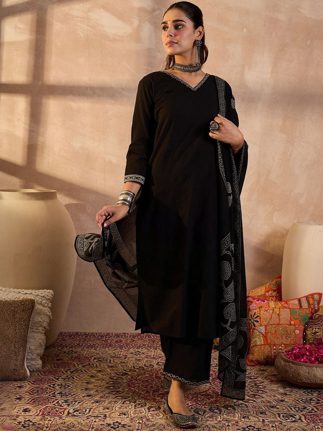 Women Solid Cotton Kurta with Trousers & Dupatta