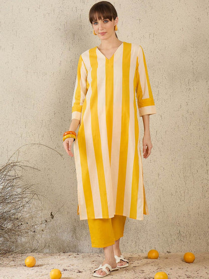 Dhiyona IE Women Striped V-Neck Cotton Tunic and Trousers Co-Ords