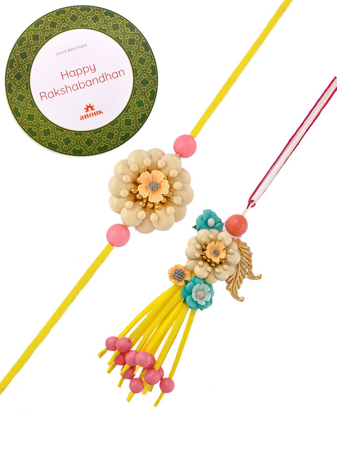 Dhiyona Yellow Beaded Bhaiya Bhabhi Rakhi With Roli Chawal & Greeting Card