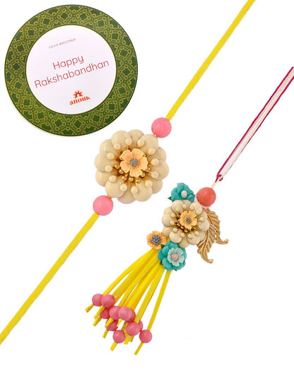 Dhiyona Yellow Beaded Bhaiya Bhabhi Rakhi With Roli Chawal & Greeting Card