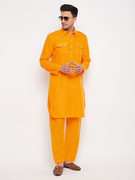 Men's Mustard Cotton Blend Pathani Pathani Kurta Set
