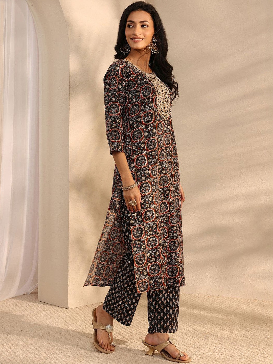 Libas Black Ajrak Printed Straight Suit Set with Dupatta