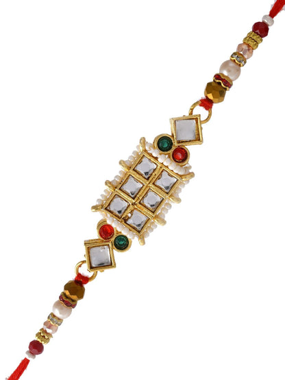 Dhiyona Red Mirror & Pearl-Beaded Rakhi With Roli Chawal & Greeting Card