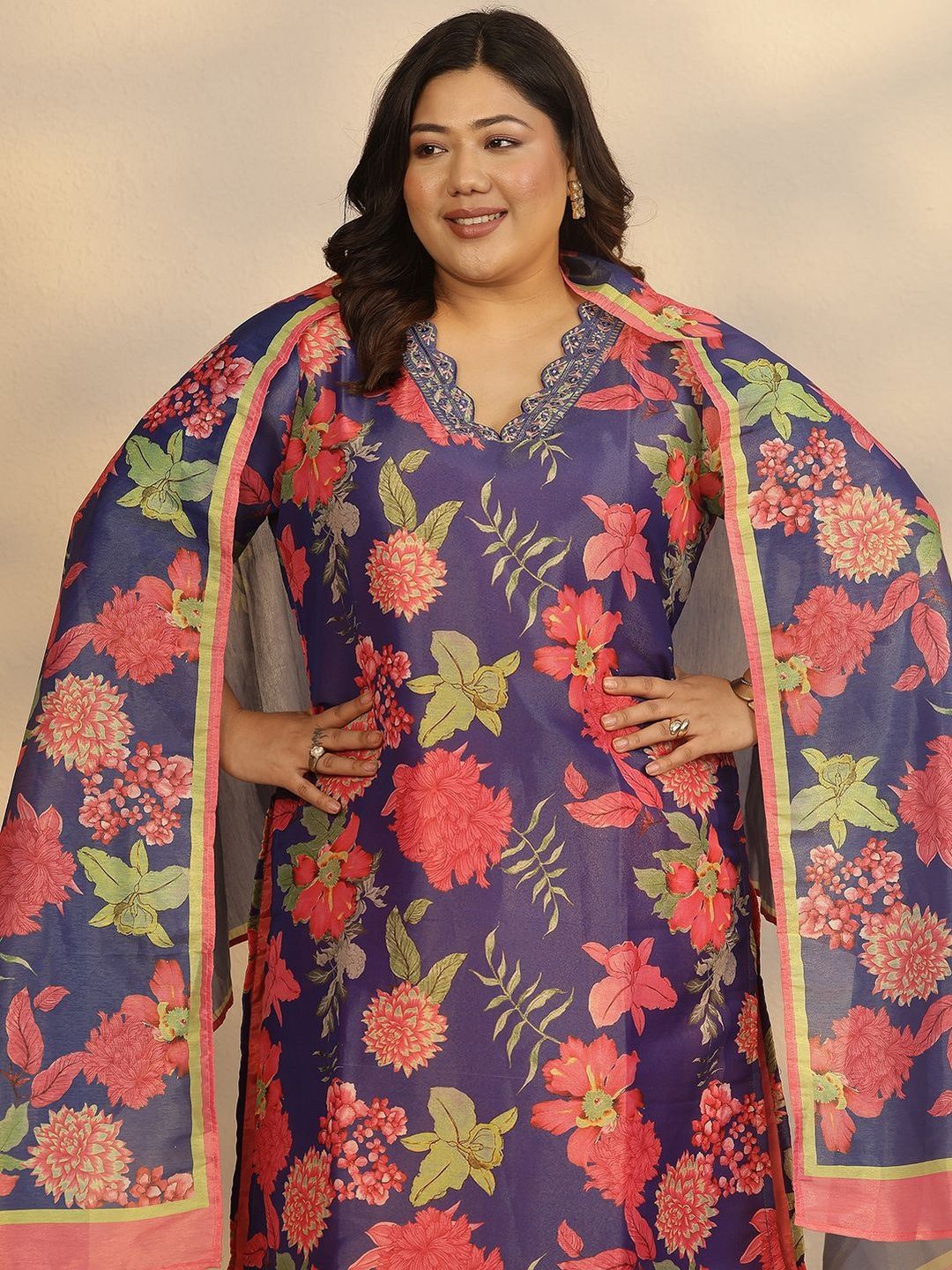 Dhiyona Women's Plus Size Floral Printed Kurta with Trousers & Dupatta