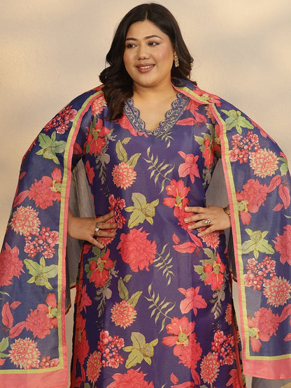 Dhiyona Women's Plus Size Floral Printed Kurta with Trousers & Dupatta