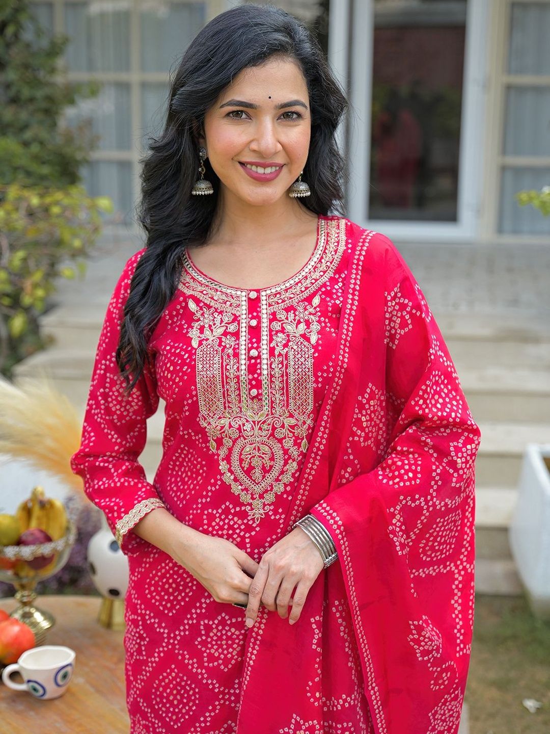 Dhiyona KL Women Bandhani Printed Regular Mirror Work Kurta with Trousers & With Dupatta