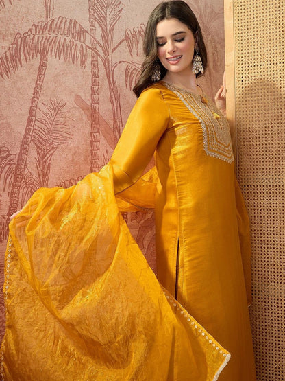 Women Embroidered Regular Kurta with Palazzos & With Dupatta