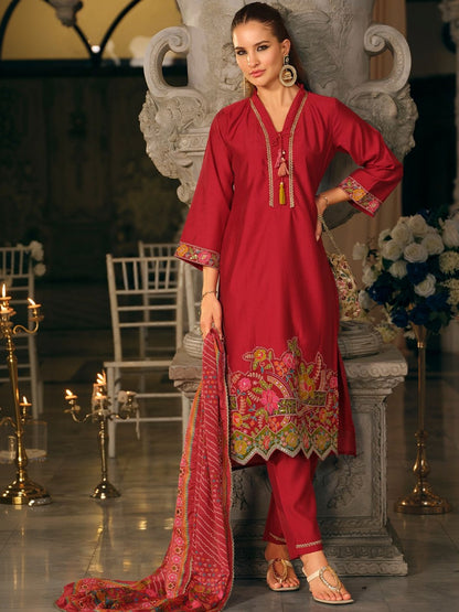 Women Floral Regular Thread Work Kurta with Trousers & With Dupatta