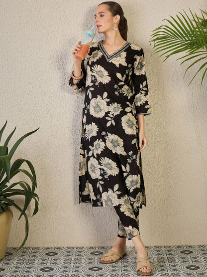 Dhiyona IE Women Floral Print Straight Kurta & Trousers Co-Ord Set