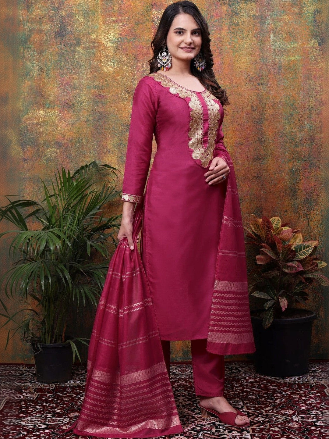 Women Ethnic Motifs Embroidered Regular Kurta with Trousers & With Dupatta