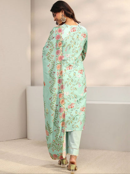 Women Floral Printed Regular Thread Work Kurta with Trousers & With Dupatta