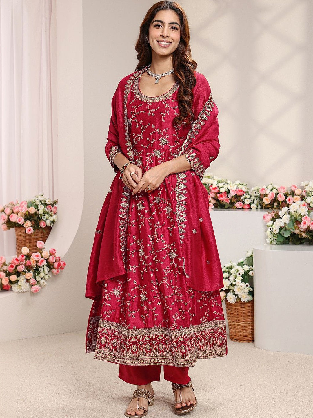 Red Floral Embroidered Anarkali Suit Set with Dupatta
