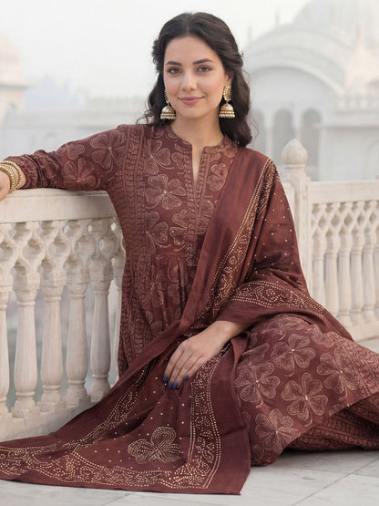 Women Floral Printed Panelled Beads and Stones Pure Cotton Kurta with Trousers & With Dupatta