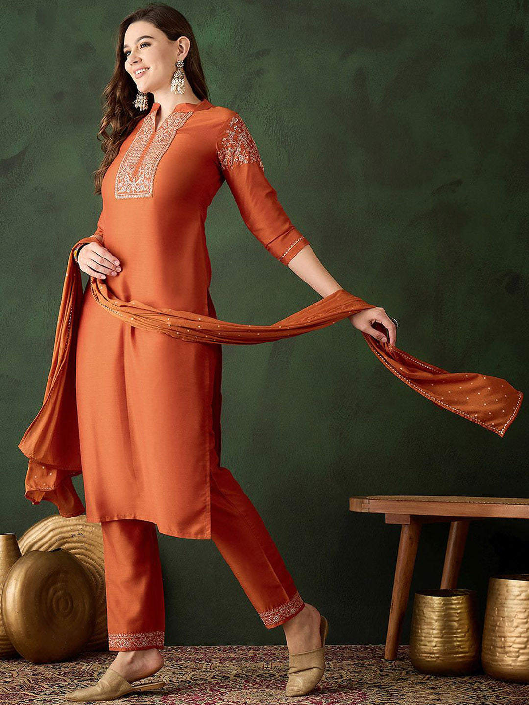 Zari Sequence Embroidered Straight Kurta & Trouser With Dupatta