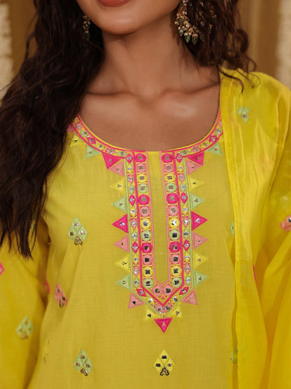 Dhiyona SC Geometric Embroidered Mirror Work Pure Cotton Kurti With Sharara & Dupatta