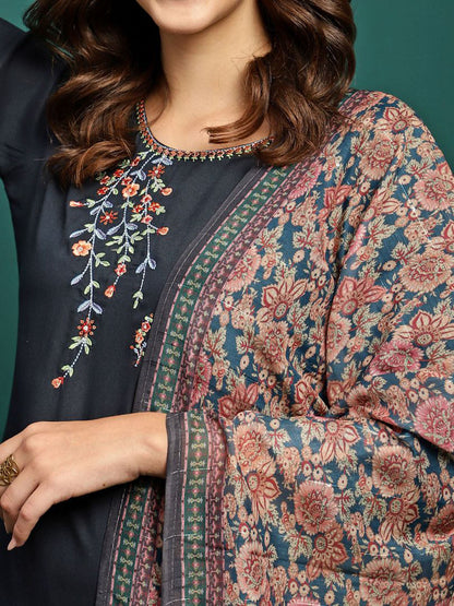Floral Embroidered Thread Work Kurta with Trousers & Dupatta