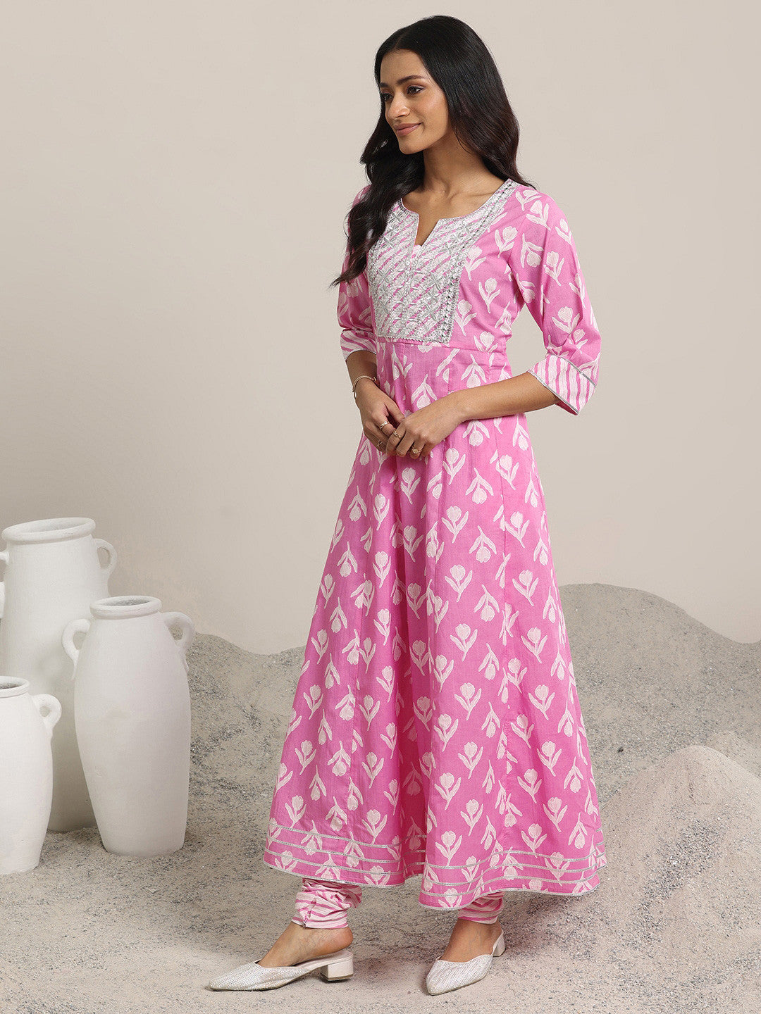 Women Ethnic Motifs Printed Panelled Thread Work Kurta with Churidar & With Dupatta