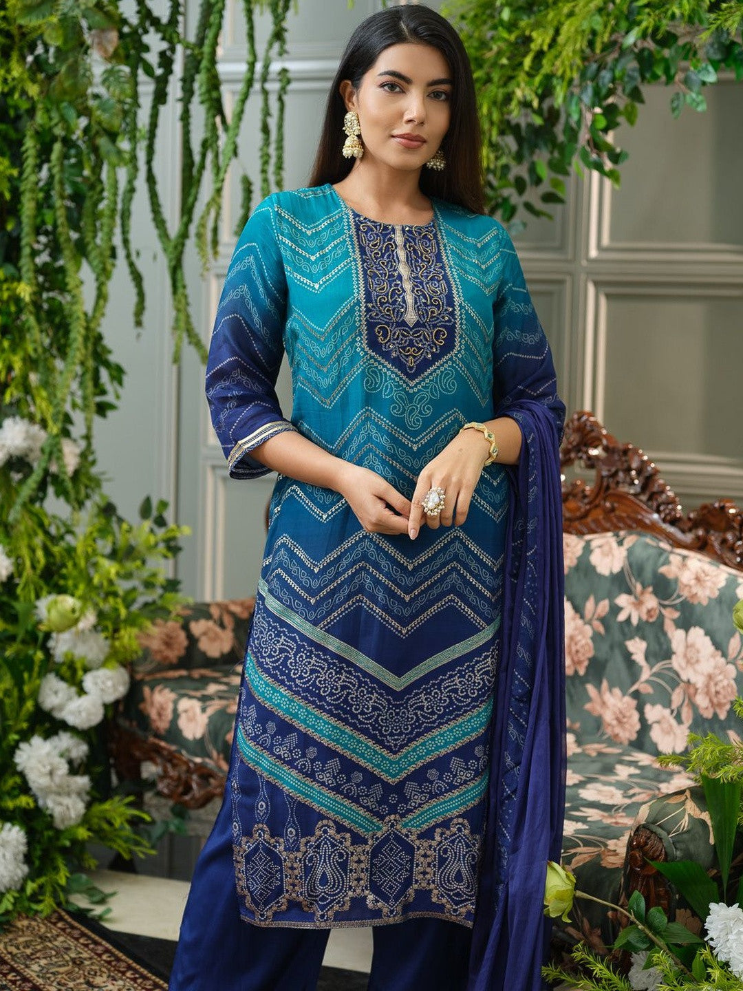 Dhiyona SN Geometric Printed Thread Work Straight Kurta with Trouser & Dupatta
