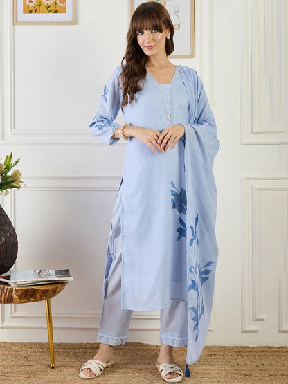 Women Floral Printed Linen Kurta with Trousers & Dupatta