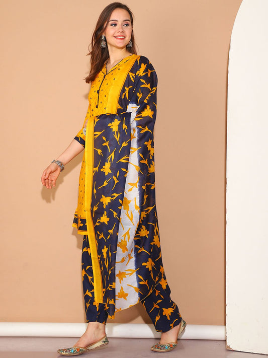 Dhiyona KL Floral Printed Sweetheart Neck Kurta With Salwar & Dupatta