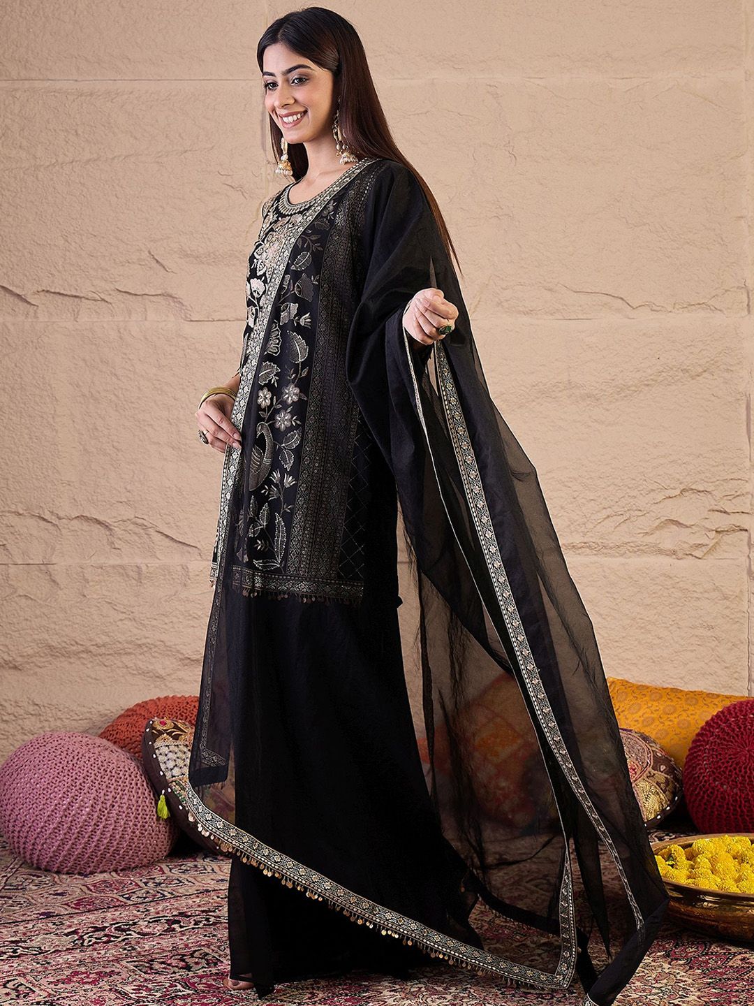 Dhiyona IN Women Embroidered Kurta with Sharara & Dupatta