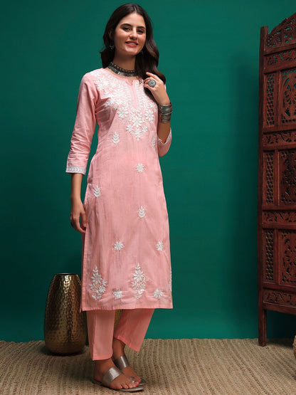 Dhiyona SN Women's Floral Embroidered Cotton Kurta with Trousers & Dupatta