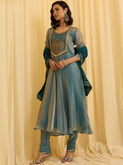 Dhiyona CH Women Woven Design A-Line Kurta with Trousers & Dupatta