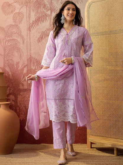 Embroidered Pure Cotton V-Neck Kurti & Trousers Kurta Set