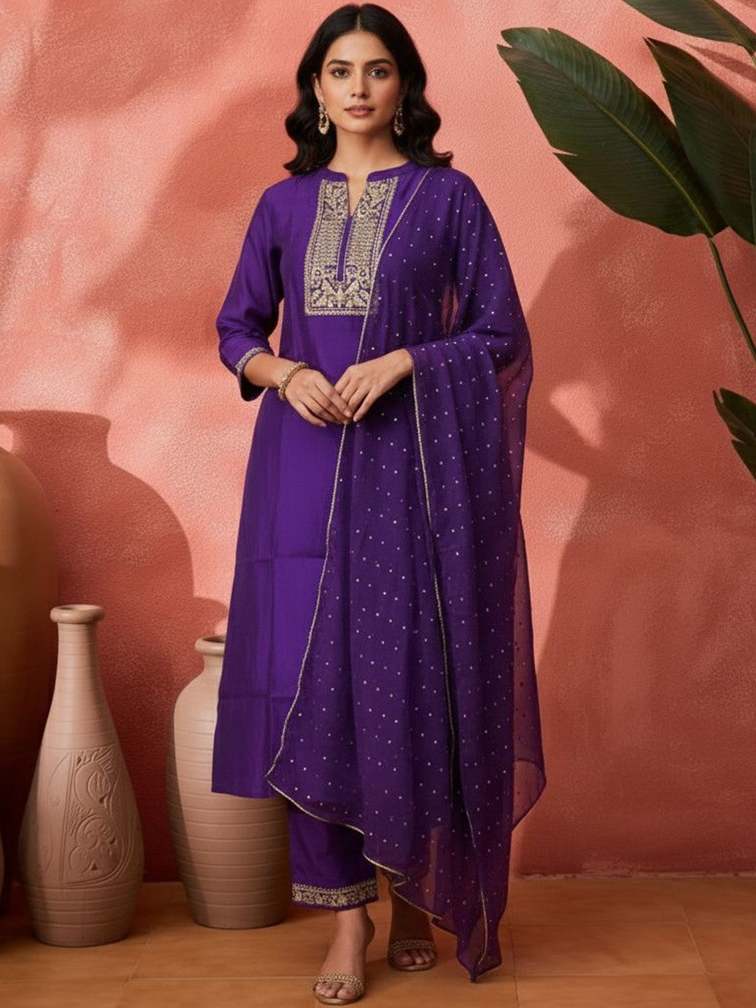 Embroidered Mandarin Collar Kurta & Trousers with Dupatta