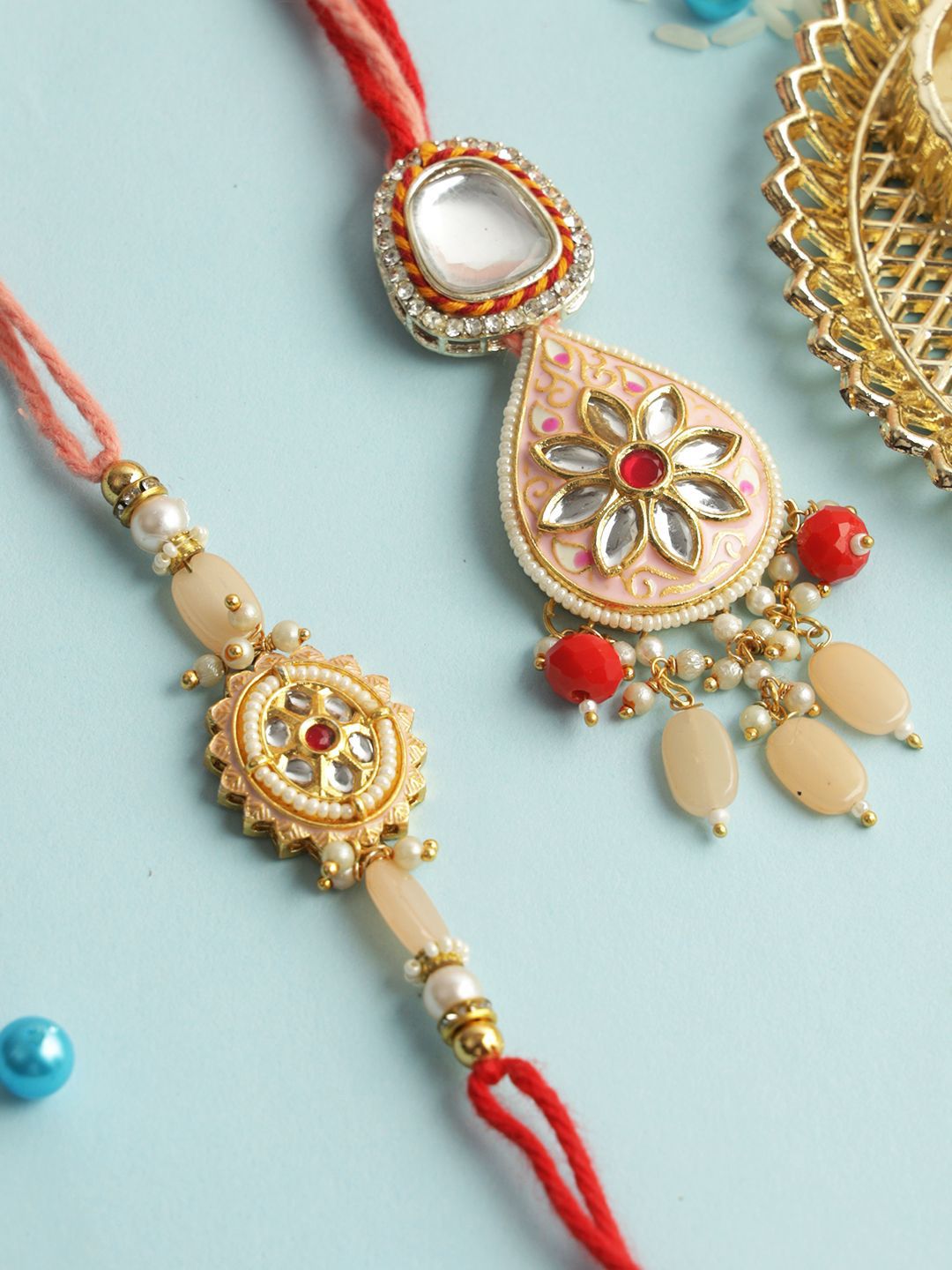 Dhiyona Red Stone Studded & Beaded Bhaiya Bhabhi Thread Rakhis With Roli Chawal