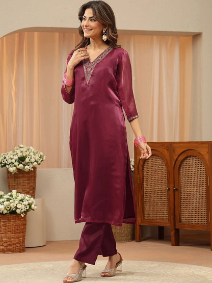 Libas Red Yoke Design Tissue Straight Suit Set