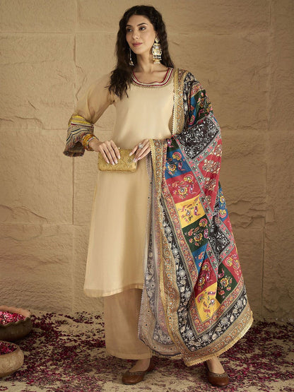 Dhiyona VA Yoke Design Round Neck Straight Kurta With Palazzos And Dupatta