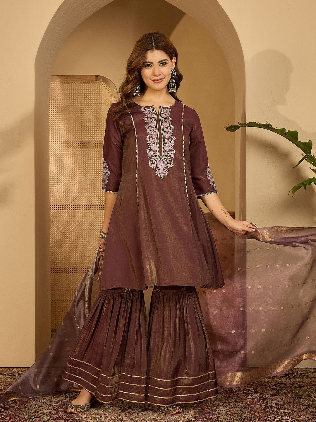Women Brown Embroidered Kurta Sets With Dupatta