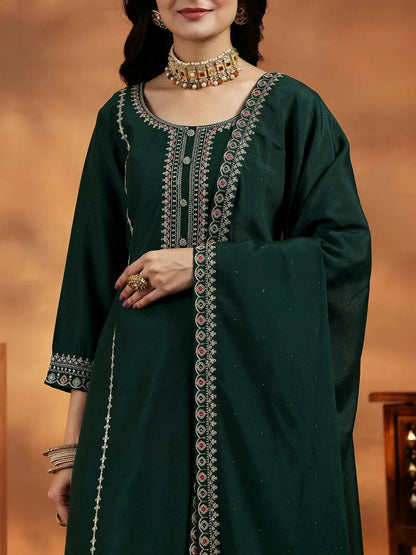 Women's LB Green Embroidered Silk Blend Straight Suit With Dupatta