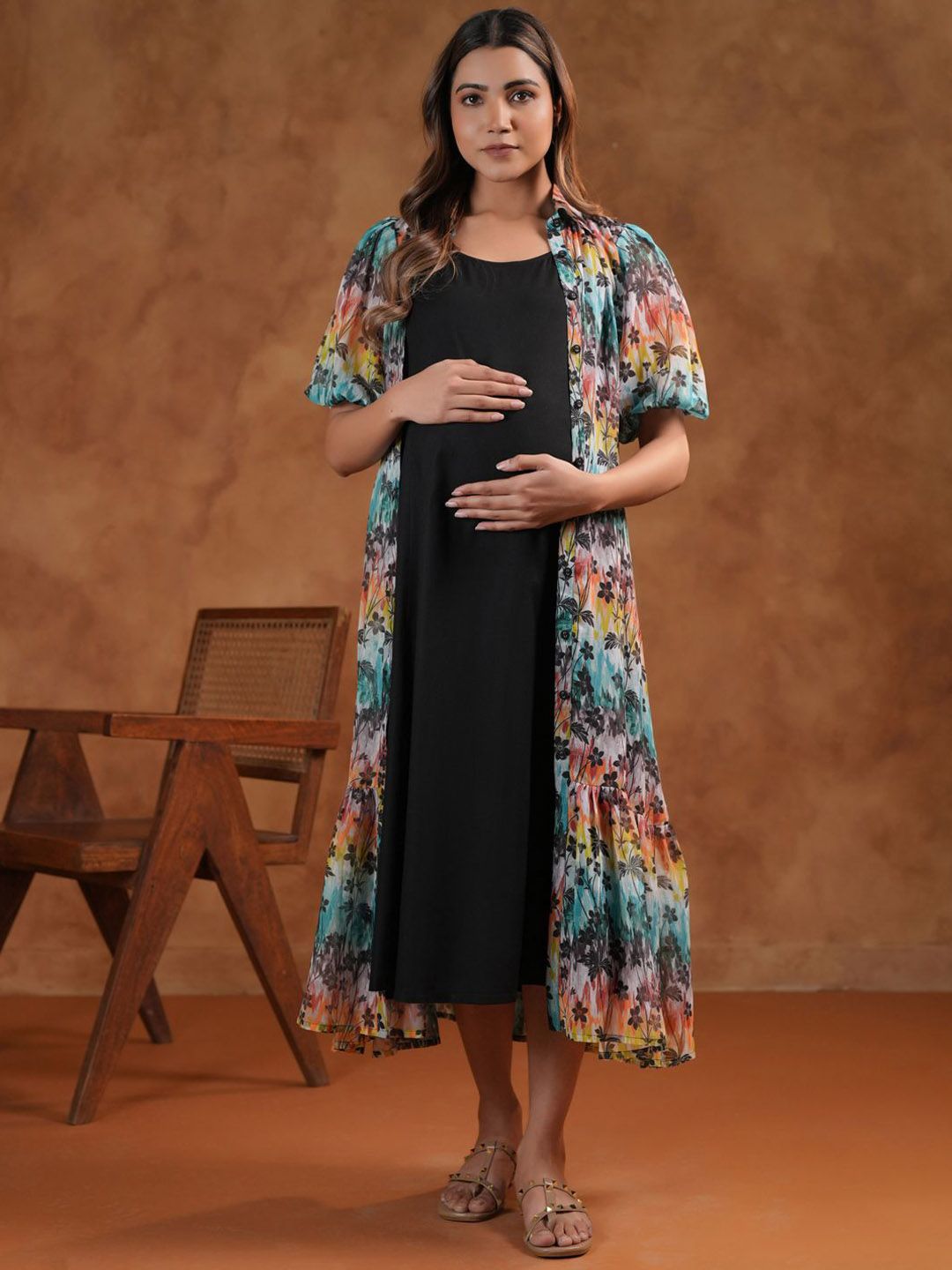 Dhiyona AY Women's Printed Shoulder Strap Neck Maternity Ethnic Dresses With Jacket
