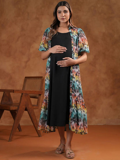 Dhiyona AY Women's Printed Shoulder Strap Neck Maternity Ethnic Dresses With Jacket